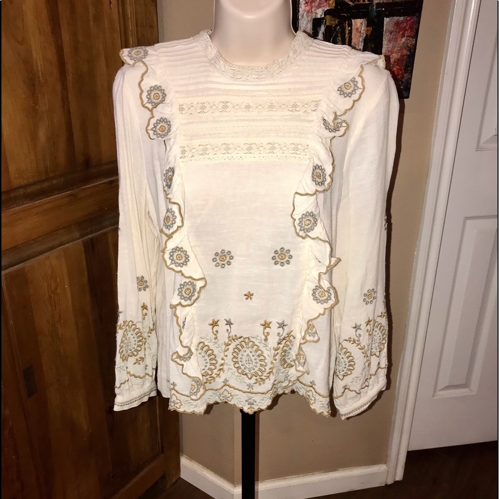 Zara Woman Premium Denim Collection Ruffles Embroidered Blouse- oyster white